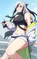 Rule 34 | 1girl, bare shoulders, black hair, black shirt, blue sky, blush, bottle, breasts, cloud, commentary request, fate/grand order, fate (series), green eyes, highres, holding, holding bottle, jacket, long hair, looking at viewer, medium breasts, midriff, multicolored hair, nagao kagetora (fate), navel, off shoulder, open clothes, outdoors, sakuraike, shirt, shorts, sitting, sky, sleeveless, sleeveless shirt, solo, stomach, streaked hair, thighs, tongue, tongue out, two-tone hair, uesugi kenshin (fate), uesugi kenshin (second ascension) (fate), very long hair, white hair, white jacket, white shorts