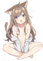Rule 34 | 1girl, :o, animal ear fluff, animal ears, bandaid, bandaids on nipples, bare legs, barefoot, blush, breasts, brown hair, cat ears, cat girl, cat tail, collarbone, commentary, crossed ankles, dated, dutch angle, fang, female focus, hair between eyes, highres, long hair, looking at viewer, mafuyu (chibi21), multicolored hair, navel, off shoulder, open mouth, original, pasties, purple eyes, purple hair, shirt, simple background, sitting, small breasts, solo, streaked hair, symbol-only commentary, tail, tail raised, twitter username, very long hair, white background, white shirt