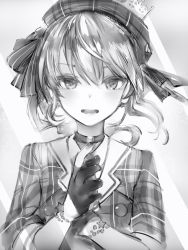 Rule 34 | 1girl, :d, bad id, bad pixiv id, bracelet, checkered clothes, checkered jacket, choker, crown, dot nose, earrings, fingernails, gloves, greyscale, hair ribbon, half gloves, hands up, hat, highres, hololive, hoshimachi suisei, hoshimachi suisei (1st costume), jacket, jewelry, looking at viewer, medium hair, monochrome, nanashi (nlo), open mouth, partially fingerless gloves, ribbon, smile, solo, star (symbol), star earrings, star in eye, symbol in eye, virtual youtuber