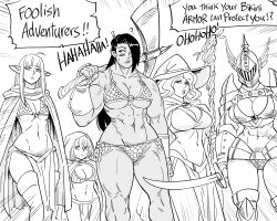 Rule 34 | 5girls, ?, abs, absurdres, ahoge, armor, axe, bb (baalbuddy), bikini armor, boobplate, boots, breastplate, breasts, cape, cleavage, closed mouth, commentary, commission, dark-skinned female, dark skin, dress, elf, emphasis lines, english commentary, english text, female focus, female orc, greyscale, hat, helm, helmet, highres, holding, holding axe, holding sword, holding weapon, large breasts, long hair, looking at viewer, monochrome, multiple girls, muscular, muscular female, navel, orc, original, over shoulder, pauldrons, pelvic curtain, pointy ears, shortstack, shoulder armor, simple background, sword, thigh boots, underboob, weapon, weapon over shoulder, white background, winged helmet, witch hat