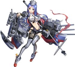 Rule 34 | 1girl, american flag, black gloves, blue hair, breasts, gloves, jacket, kantai collection, long hair, machinery, medium breasts, multicolored hair, navel, necktie, official art, red hair, rudder footwear, shorts, single thighhigh, south dakota (kancolle), south dakota kai (kancolle), staff, thighhighs, torn clothes, transparent background, turret, weapon, white hair, zeco