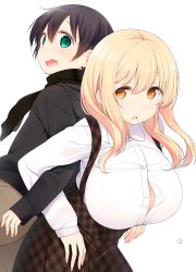 Rule 34 | 10s, 1boy, 1girl, age difference, back-to-back, bad id, bad pixiv id, black hair, black scarf, black sweater, blonde hair, blush, breasts, bursting breasts, chestnut mouth, cleavage, collared shirt, dress shirt, green eyes, hair between eyes, high-waist skirt, large breasts, locked arms, long hair, long sleeves, looking at another, looking back, nekoume, open mouth, orange eyes, parted lips, popped button, scarf, shiina aki, shirt, simple background, skirt, standing, sunohara ayaka, sunoharasou no kanrinin-san, suspender skirt, suspenders, sweatdrop, sweater, wavy mouth, white background, white shirt