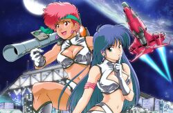 Rule 34 | 1980s (style), aqua eyes, armlet, blue eyes, blue hair, breasts, city, cleavage, crop top, dark-skinned female, dark skin, dirty pair, earrings, finger to mouth, gloves, headband, jewelry, kei (dirty pair), long hair, matching outfits, medium breasts, midriff, navel, non-web source, official art, oldschool, photoshop (medium), planet, red eyes, red hair, retro artstyle, rocket launcher, short hair, single glove, sky, spacecraft, star (sky), starry sky, weapon, yuri (dirty pair)