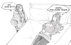 Rule 34 | 2girls, alternate costume, closed eyes, closed mouth, comic, commentary, contemporary, english commentary, english text, fire emblem, fire emblem awakening, greyscale, hair between eyes, hair ornament, hands in pockets, headband, high ponytail, highres, hood, hoodie, long hair, lying, monochrome, multiple girls, nintendo, on bed, pants, pillow, ribbed sweater, sakuremi, say&#039;ri (fire emblem), sleeping, smile, speech bubble, straight hair, sweater, tiki (adult) (fire emblem), tiki (fire emblem), turtleneck, turtleneck sweater
