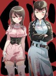 Rule 34 | 2girls, absurdres, alternate costume, bead necklace, beads, belt, black belt, black jacket, blood, blood on clothes, blood on face, blue dress, brown eyes, brown hair, chain necklace, closed mouth, commentary, crossed arms, delinquent, dress, fingerless gloves, frilled thighhighs, frills, frown, girls und panzer, gloves, green eyes, half-closed eyes, highres, jacket, jewelry, koyama harutarou, leather, leather jacket, long hair, long sleeves, looking at viewer, majisuka gakuen, medium dress, mika (girls und panzer), multiple girls, necklace, no headwear, outline, parody, pink dress, pompadour, red background, short dress, short sleeves, side-by-side, side slit, smile, standing, studded belt, text background, thighhighs, underbust, white gloves, white outline, white thighhighs, yuri (girls und panzer)