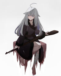 1girl absurdres ahoge bandaged_leg bandages blood blue_eyes brown_coat closed_mouth coat codename:_bakery_girl feet full_body grey_hair gun haggar114514 highres holding holding_gun holding_weapon jefuty_(bakery_girl) legs long_hair looking_at_viewer no_shoes reverse_collapse_(series) simple_background sitting solo very_long_hair weapon white_background