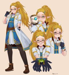 Rule 34 | 1girl, absurdres, alternate costume, alternate hairstyle, blonde hair, blue eyes, coffee, doiparuni, frog, glasses, gloves, highres, hyrule warriors: age of calamity, lab coat, long hair, nintendo, one eye closed, open mouth, pointy ears, ponytail, princess zelda, smile, solo, terrako, the legend of zelda, the legend of zelda: breath of the wild