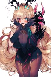 Rule 34 | 1girl, absurdres, armor, bare shoulders, black dress, black gloves, blonde hair, blue eyes, blush, breasts, brown pantyhose, chain, dress, elbow gloves, embarrassed, barghest (fate), barghest (second ascension) (fate), fangs, fate/grand order, fate (series), flying sweatdrops, gauntlets, gloves, heterochromia, highres, horns, jewelry, large breasts, long hair, necklace, open mouth, pantyhose, pauldrons, pelvic curtain, red eyes, shoulder armor, single gauntlet, single pauldron, solo, thighs, touwa