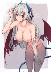 Rule 34 | 1girl, black ribbon, blush, breasts, closed mouth, collarbone, commentary, completely nude, convenient arm, demon girl, demon horns, demon tail, demon wings, ear piercing, eyes visible through hair, feet out of frame, hair between eyes, hair ribbon, hand on own knee, hetaren (ramark), highres, horns, large breasts, leaning forward, long hair, looking at viewer, multicolored hair, navel, nipples, nude, original, piercing, pointy ears, pubic tattoo, purple background, red eyes, red hair, ribbon, signature, silver hair, simple background, smile, solo, standing, streaked hair, tail, tattoo, thighs, two-tone hair, two side up, wings