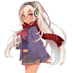 Rule 34 | 1girl, ankujo, artist name, azur lane, black skirt, blush, brown eyes, bubble tea, buttons, closed mouth, commentary, cup, dark-skinned female, dark skin, disposable cup, drinking straw, from side, gyaru, hair between eyes, headphones, highres, holding, holding cup, jacket, long hair, long sleeves, looking at viewer, midriff, miniskirt, minneapolis (azur lane), minneapolis (wild huntress schoolgirl) (azur lane), neckerchief, open clothes, open jacket, plaid, plaid scarf, platinum blonde hair, pleated skirt, ponytail, red neckerchief, scarf, school uniform, sidelocks, signature, simple background, skirt, sleeves past wrists, smile, solo, standing, unmoving pattern, very long hair, walking, white background