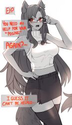 Rule 34 | 1girl, absurdres, adjusting eyewear, alternate costume, bare arms, bare shoulders, bespectacled, breasts, commentary request, cowboy shot, crop top, ehrrr, eyeshadow, glasses, hand on own hip, highres, imaizumi kagerou, large breasts, limited palette, long hair, makeup, midriff, miniskirt, open mouth, pencil skirt, red eyes, skirt, sleeveless, sleeveless turtleneck, solo, standing, tail, thighhighs, thighs, touhou, turtleneck, very long hair, wolf tail, zettai ryouiki