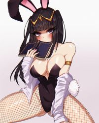 Rule 34 | 1girl, abottleofstars, animal ears, armlet, bare shoulders, blush, book, breasts, covering own mouth, crystals, eyelashes, fake animal ears, fire emblem, fire emblem awakening, highres, leotard, medium breasts, nail polish, nintendo, playboy bunny, rabbit ears, rabbit tail, sitting, solo, tagme, tharja (fire emblem), thick thighs, thighs