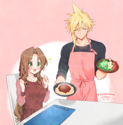 Rule 34 | 1boy, 1girl, aerith gainsborough, alternate costume, apron, artist name, bad id, bad pixiv id, black shirt, blonde hair, blush, bowl, breasts, brown dress, brown hair, casual, chair, closed eyes, cloud strife, dated, dress, excited, final fantasy, final fantasy vii, final fantasy vii remake, food, fork, green eyes, hair between eyes, hair ribbon, hands up, hardboiled egg, holding, holding bowl, jewelry, krudears, long hair, long sleeves, medium breasts, necklace, open mouth, parted bangs, pasta, pink apron, pink background, ribbon, salad, salad bowl, shirt, short hair, sidelocks, sitting, sleeves rolled up, smile, sparkle, spiked hair, twitter username, upper body, wavy hair