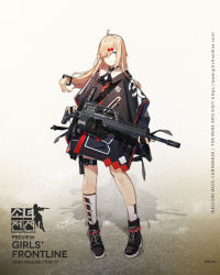 Rule 34 | 1girl, ahoge, assault rifle, asymmetrical legwear, beta c-mag, black gloves, blonde hair, blue eyes, boots, buckle, character name, choker, clothes writing, coat, cross-laced footwear, double-drum magazine, drum magazine, full body, girls&#039; frontline, gloves, gun, h&amp;k mg36, hair ornament, hair over one eye, heckler &amp; koch, high-capacity magazine, highres, holding, holding gun, holding weapon, kneehighs, lace-up boots, long hair, magazine (weapon), mg36 (girls&#039; frontline), mole, mole under eye, multicolored clothes, muzzle device, o-ring, off shoulder, official art, parted lips, partially fingerless gloves, rifle, sidelocks, single kneehigh, single sock, snap-fit buckle, socks, solo, standing, thigh strap, uneven legwear, weapon, zipper