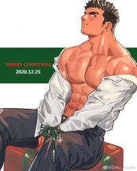 Rule 34 | 1boy, abs, bara, bare pectorals, bound, bound wrists, dated, from side, gift wrapping, highres, improvised bondage, large pectorals, light blush, long sideburns, male focus, merry christmas, muscular, muscular male, navel, navel hair, nipples, off shoulder, open clothes, open fly, open shirt, original, pectorals, short hair, sideburns, sideways glance, solo, stomach, thick eyebrows, youchi123