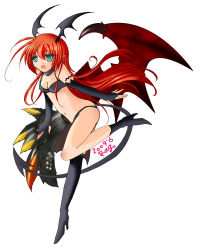 Rule 34 | 1girl, asymmetrical clothes, bare shoulders, bikini, breasts, cleavage, demon girl, elbow gloves, female focus, full body, gloves, green eyes, high heels, long hair, lord of vermilion, navel, open mouth, pointy ears, red hair, shoes, simple background, single wing, solo, succubus (lord of vermilion), swimsuit, tail, white background, wings