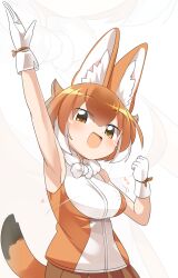 Rule 34 | 1girl, :d, animal ears, armpits, blush, breasts, brown eyes, brown hair, brown shirt, clenched hand, commentary request, cowboy shot, dark skin, dhole (kemono friends), dog ears, dog girl, dog tail, gloves, highres, kemono friends, large breasts, lets0020, looking at viewer, medium bangs, multicolored hair, open mouth, shirt, short hair, sleeveless, smile, solo, tail, two-tone hair, two-tone shirt, waving, white background, white gloves, white hair