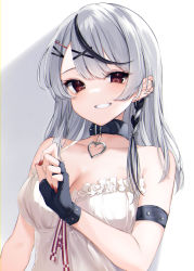 Rule 34 | 1girl, absurdres, arm strap, black collar, black gloves, black hair, braid, breasts, closed mouth, collar, ear piercing, fingernails, gloves, grey hair, grin, hair ornament, hairclip, highres, hololive, kanae (inorin05kanae), large breasts, long hair, looking at viewer, nail polish, piercing, red eyes, red nails, sakamata chloe, shirt, simple background, smile, solo, upper body, virtual youtuber, white background, white shirt, x hair ornament