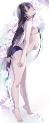 Rule 34 | 1boy, absurdres, arched back, ass, bare shoulders, bikini, black hair, brown eyes, crossdressing, flower, fuuchouin kazuki, getbackers, highres, lips, long hair, looking at viewer, looking back, male focus, papillon10, parted lips, solo, swimsuit, tiptoes, trap, very long hair, white background