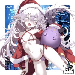 Rule 34 | 1girl, 1other, 2023, absurdres, artist name, bikini, blush, breasts, cameltoe, christmas, detached sleeves, fang, groin, hat, highres, leg up, long hair, looking at viewer, merry christmas, navel, night, open mouth, original, outdoors, pointy ears, red headwear, red sleeves, rota-san, santa hat, side-tie bikini bottom, small breasts, smile, standing, standing on one leg, swimsuit, tail, thighs, watermark, white bikini, white eyes, white hair