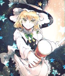 Rule 34 | apron, black hat, black skirt, black vest, blonde hair, bow, bowtie, braid, broom, commentary request, flashlight, green bow, green neckwear, hair between eyes, hair bow, hat, highres, holding, holding broom, holding flashlight, itomugi-kun, kirisame marisa, long hair, long sleeves, looking at viewer, master spark, shirt, single braid, skirt, smile, star (symbol), touhou, upper body, vest, waist apron, white shirt, witch hat
