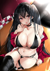 Rule 34 | 1girl, ahoge, azur lane, bikini, black bikini, black choker, black hair, black thighhighs, blush, breasts, checkered flag, choker, cleavage, collarbone, commentary request, covered erect nipples, crossed bangs, crossed legs, eyewear on head, fingernails, flag, hair between eyes, hand on own chest, highleg, highleg bikini, highres, jacket, large breasts, long hair, long sleeves, looking at viewer, multi-strapped bikini bottom, multiple straps, nail polish, navel, official alternate costume, parted lips, pink nails, race queen, red eyes, red jacket, sitting, skindentation, solo, stomach, sunglasses, swimsuit, taihou (azur lane), taihou (enraptured companion) (azur lane), thighhighs, twintails, ushiro muki, very long hair