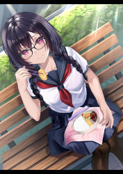 Rule 34 | 1girl, absurdres, bento, black hair, blue sailor collar, blue skirt, blush, braid, breasts, brown pantyhose, chopsticks, closed mouth, day, feet out of frame, glasses, hair between eyes, hair over shoulder, highres, holding, holding chopsticks, knees together feet apart, long hair, looking at viewer, medium breasts, neckerchief, on bench, open mouth, original, outdoors, pantyhose, purple eyes, red neckerchief, revision, rice, sailor collar, school uniform, serafuku, shirt, short sleeves, sitting, skirt, smile, solo, twin braids, white shirt, yufou