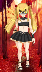 Rule 34 | 1girl, absurdres, armor, blonde hair, choker, dimaria yesta, fairy tail, feet, female focus, full body, highres, navel, outdoors, plant, sandals, shoes, skirt, solo, standing, tree, twintails, wendy marvell, yellow eyes