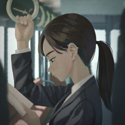 Rule 34 | 1girl, absurdres, barbell piercing, black eyes, black hair, book, collared shirt, ear piercing, expressionless, grey jacket, hand grip, highres, holding, holding book, industrial piercing, jacket, kunitarou-art, long hair, nape, office lady, original, piercing, ponytail, profile, reading, shirt, solo, train interior, upper body, white shirt