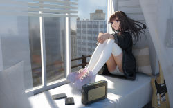 Rule 34 | 1girl, absurdres, balcony, black hair, black shirt, black skirt, blue sky, blunt bangs, building, cassette tape, chinese commentary, city, cloud, cloudy sky, cross-laced footwear, curtains, day, expressionless, full body, guitar, highres, indoors, instrument, legs together, long hair, madao, miniskirt, open window, original, panties, pantyshot, parted lips, photo background, pillow, pink footwear, pleated skirt, purple eyes, radio, sailor collar, school uniform, serafuku, shirt, shoes, sitting, skirt, sky, sneakers, solo, thighhighs, thighs, underwear, white panties, white thighhighs, window, wings