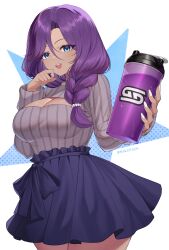 1girl absurdres black_skirt blue_eyes braid breasts cha_cha_(vtuber) cleavage_cutout clothing_cutout cup dark-skinned_female dark_skin gamer_supps grey_sweater hair_between_eyes highres holding holding_cup indie_virtual_youtuber jewelry long_braid necklace open_mouth pearl_hair_ornament pearl_necklace purple_hair ribbed_sweater sakotach skirt solo star_(symbol) sweater teeth twitter_username upper_teeth_only virtual_youtuber wet white_nails