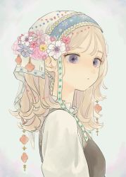 Rule 34 | 1girl, black dress, blonde hair, closed mouth, collar, cross-shaped pupils, dress, floral print, flower, frilled collar, frills, hair flower, hair ornament, hat, hat flower, highres, lace, lace-trimmed dress, lace trim, long sleeves, looking to the side, medium hair, original, purple eyes, shirt, solo, symbol-shaped pupils, tokeiiiiiii, white shirt