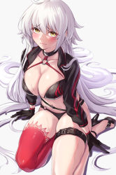 Rule 34 | 1girl, absurdres, ahoge, bikini, black bikini, black gloves, black jacket, breasts, choker, cleavage, collarbone, cropped jacket, fate/grand order, fate (series), gloves, grey hair, highres, jacket, jeanne d&#039;arc alter (fate), jeanne d&#039;arc alter (swimsuit berserker) (fate), large breasts, long hair, long sleeves, looking at viewer, navel, o-ring, o-ring bikini, red thighhighs, sandals, seiza, shrug (clothing), simple background, single thighhigh, sitting, solo, stomach, swimsuit, thigh strap, thighhighs, thighs, very long hair, white background, yellow eyes, yoshimoto (carpsukidayo)