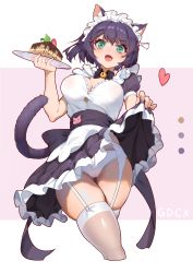Rule 34 | 1girl, absurdres, animal ears, bell, black hair, black skirt, blouse, breasts, cake, cameltoe, cat ears, cat girl, cat tail, clothes lift, fang, food, frilled skirt, frills, garter belt, green eyes, heart, heart-shaped pupils, highres, holding, holding plate, jingle bell, large breasts, lifted by self, looking at viewer, meng zhongfeng ji li mm, open mouth, original, panties, plate, puffy short sleeves, puffy sleeves, raised eyebrow, shirt, short hair, short sleeves, simple background, skin fang, skindentation, skirt, skirt lift, solo, symbol-shaped pupils, tail, thighhighs, thighs, underwear, white background, white panties, white shirt, white thighhighs