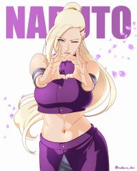 Rule 34 | absurdres, asymmetrical bangs, blonde hair, blue eyes, breasts, crop top, cropped legs, hair ornament, hairclip, heart, heart hands, highres, looking at viewer, medium breasts, midriff, naruto (series), naruto shippuuden, one eye closed, purple shirt, purple skirt, saburo des, shirt, simple background, skirt, sleeveless, standing, white background, yamanaka ino