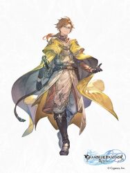 Rule 34 | 1boy, belt, boots, brown hair, cape, copyright name, full body, glasses, gloves, granblue fantasy, granblue fantasy: relink, highres, logo, long hair, male focus, minaba hideo, official art, rolan (granblue fantasy: relink), second-party source, solo, sword, weapon