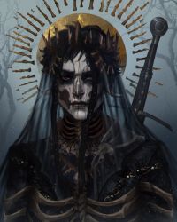 Rule 34 | 1girl, absurdres, black hair, bone, caio santos, crown, face, facepaint, halo, harrow the ninth, harrowhark nonagesimus, highres, looking at viewer, red eyes, short hair, solo, sword, the locked tomb, tree, veil, weapon, weapon on back
