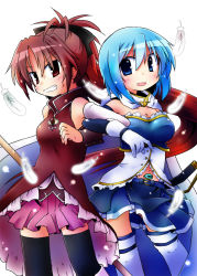 Rule 34 | 10s, 2girls, bare shoulders, blue eyes, blue hair, bow, cape, detached sleeves, dress, feathers, gloves, hair bow, highres, light particles, locked arms, long hair, magical girl, mahou shoujo madoka magica, mahou shoujo madoka magica (anime), miki sayaka, multiple girls, open mouth, ponytail, red dress, red eyes, red hair, sakura kyoko, short hair, simple background, soul gem, thighhighs, white background, yuuhi alpha, zettai ryouiki