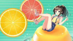 Rule 34 | 1girl, :o, bare arms, bare legs, black hair, blue eyes, blue skirt, blush, commentary request, food, frilled sleeves, frills, fruit, full body, gradient hair, grapefruit, grapefruit slice, green background, green hair, hair ornament, hairclip, holding, holding spoon, legs, legs up, lemon, lemon slice, long hair, looking at viewer, mini person, minigirl, multicolored hair, no socks, open mouth, orange (fruit), orange slice, original, ponytail, pudding, see-through, shirt, shoes, short sleeves, sidelocks, skirt, sneakers, solo, spoon, striped, striped background, suspender skirt, suspenders, tareme, white footwear, yatsuki yura, yellow shirt