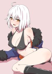 Rule 34 | 1girl, ahoge, ass, bikini, blonde hair, blush, breasts, clearite, coat, fate/grand order, fate (series), halterneck, jeanne d&#039;arc (fate), jeanne d&#039;arc alter (fate), jeanne d&#039;arc alter (ver. shinjuku 1999) (fate), large breasts, lying, off shoulder, official alternate costume, on side, open mouth, short hair, swimsuit, yellow eyes