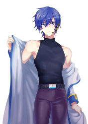 Rule 34 | 1boy, akiyoshi (tama-pete), blue eyes, blue hair, high collar, kaito (vocaloid), looking at viewer, male focus, nail polish, no scarf, removing coat, short hair, sleeveless, solo, vocaloid, white background
