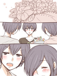 Rule 34 | 1girl, 2boys, :o, bad id, bad pixiv id, blush, bouquet, brother and sister, brown shirt, closed eyes, collarbone, commentary request, family, father and daughter, father and son, flower, hair over one eye, holding, holding bouquet, kirishima arata, kirishima ayato, kirishima touka, multiple boys, shirt, short hair, siblings, simple background, teeth, tokyo ghoul, toukaairab, upper teeth only, white background