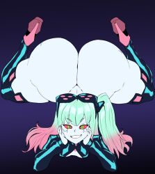 Rule 34 | 1girl, ass, bottomless, breasts, colored sclera, curvy, cyberpunk (series), cyberpunk edgerunners, dark background, gradient hair, green eyes, green hair, high heels, highres, huge ass, jacket, long hair, long sleeves, looking at viewer, multicolored hair, pale skin, pink hair, ponytail, rebecca (cyberpunk), red sclera, side ponytail, simple background, small breasts, smile, solo, sunglasses on head, thecon, thick thighs, thighhighs, thighs, top-down bottom-up, wide hips