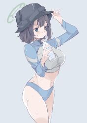 Rule 34 | 1girl, bare legs, black hair, blue archive, bottle, breasts, drink, endou suzu, green eyes, grey background, halo, hand on headwear, hat, highres, holding, holding bottle, long sleeves, medium breasts, rash guard, saki (blue archive), saki (swimsuit) (blue archive), short hair, simple background, stomach, sweat, sweaty clothes, wet, wet clothes