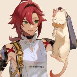 Rule 34 | 1boy, ahoge, animal, armpit peek, bare shoulders, cat, clothing request, collar, commentary, english commentary, food, genshin impact, gold trim, green eyes, grey background, hair between eyes, hair flaps, hair intakes, hairband, highres, holding, holding animal, holding cat, looking at animal, male focus, mole, mole under eye, open mouth, parted bangs, red hair, shikanoin heizou, short hair with long locks, sidelocks, simple background, snifflesmp4, solo, sweat, taiyaki, teeth, toned, toned male, tongue, upper body, wagashi, white cat