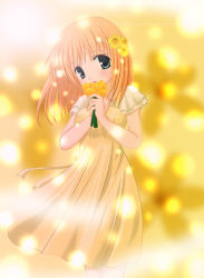 Rule 34 | 1girl, bad id, bad pixiv id, brown hair, dress, female focus, flower, gradient background, green hair, hair flower, hair ornament, holding, holding flower, honeycute, light particles, open mouth, original, plant, solo