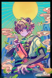 Rule 34 | 1boy, animal ears, belt, black pants, blue eyes, brown hair, commentary request, cowboy shot, fanny pack, flower knot, frown, green background, green belt, green scarf, green shirt, hair ornament, hand up, haru4aki, highres, holding, holding leaf, kuji-in, leaf, leaf hair ornament, leaf on head, looking at viewer, male focus, mountain, original, pants, raccoon boy, raccoon ears, raccoon tail, scarf, shirt, smoke, solo, sun, tail, tassel