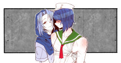 Rule 34 | 2boys, black eyes, blue hair, blue hood, blush, border, closed mouth, clothes pull, colored skin, commentary request, cookie (touhou), embarrassed, flour (cookie), gedougawa, green sailor collar, hair over one eye, hat, hood, hood up, kumoi ichirin, looking at viewer, milk (cookie), multiple boys, murasa minamitsu, neckerchief, nipple slip, nipples, nose blush, outline, red neckerchief, sailor collar, sailor hat, shirt, shirt pull, short hair, short sleeves, sleeveless, sleeveless shirt, smile, touhou, upper body, white border, white headwear, white outline, white shirt, white skin, yaoi
