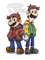Rule 34 | 2boys, alternate costume, belt, blue pants, boots, brothers, brown belt, brown footwear, brown hair, brown jacket, character name, facial hair, full body, gloves, green jacket, green shirt, hands in pockets, highres, hood, hood down, hooded jacket, jacket, looking at another, luigi, male focus, mario, mario &amp; luigi rpg, mario (series), masanori sato (style), multicolored clothes, multicolored jacket, multiple boys, mustache, nintendo, open clothes, open jacket, pants, red shirt, red socks, shirt, short hair, siblings, simple background, socks, striped clothes, striped socks, two-tone jacket, white background, white gloves, white socks, ya mari 6363, yellow jacket