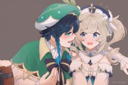 Rule 34 | 1boy, 1girl, alcohol, arm around shoulder, barbara (genshin impact), bare shoulders, beer, beer mug, blonde hair, blue eyes, blue hair, blush, bow, bowtie, braid, breasts, capelet, cleavage, commentary request, cross, cup, detached collar, dress, drunk, genshin impact, green eyes, hair ornament, half-closed eyes, hat, highres, kuroha ai, latin cross, long sleeves, looking at another, mug, open mouth, smile, speech bubble, sweatdrop, trap, twin braids, twitter username, venti (genshin impact), wavy mouth